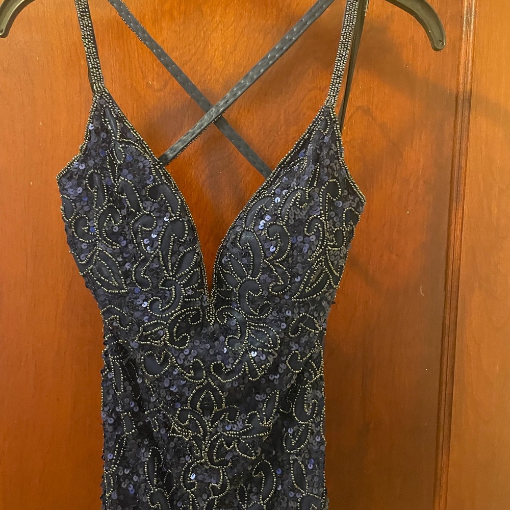 Navy Beaded Sequin Prom Dress with Crisscross Straps